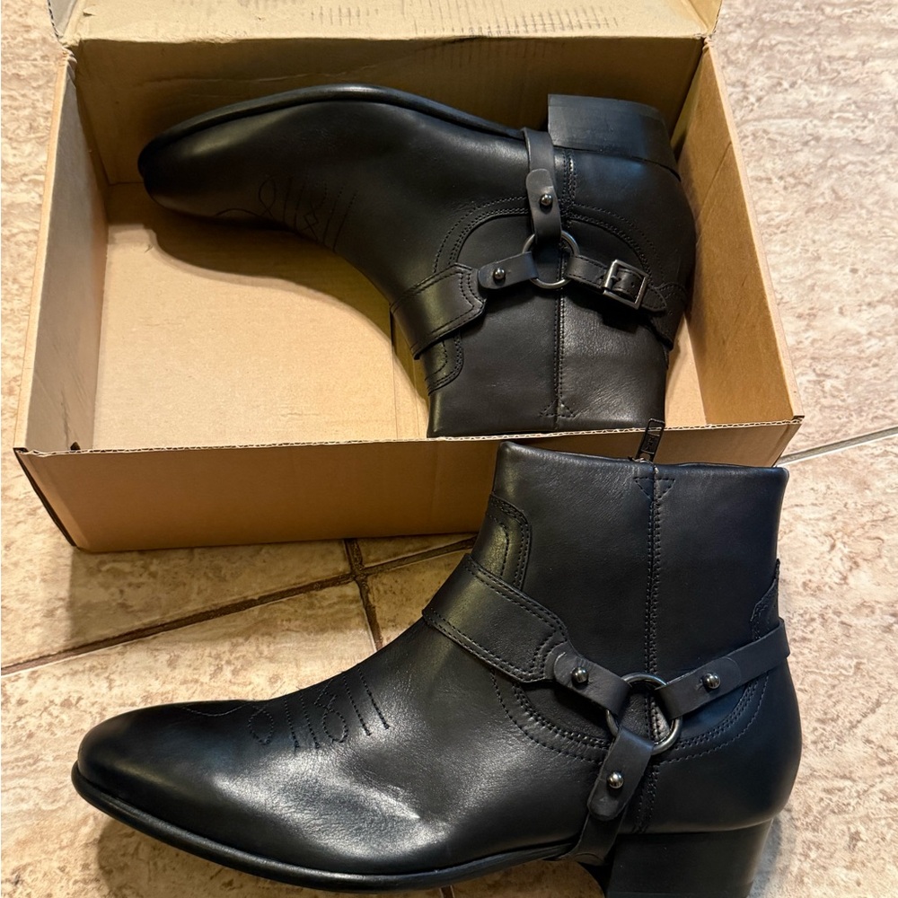 Men's Black Leather Harness Boots